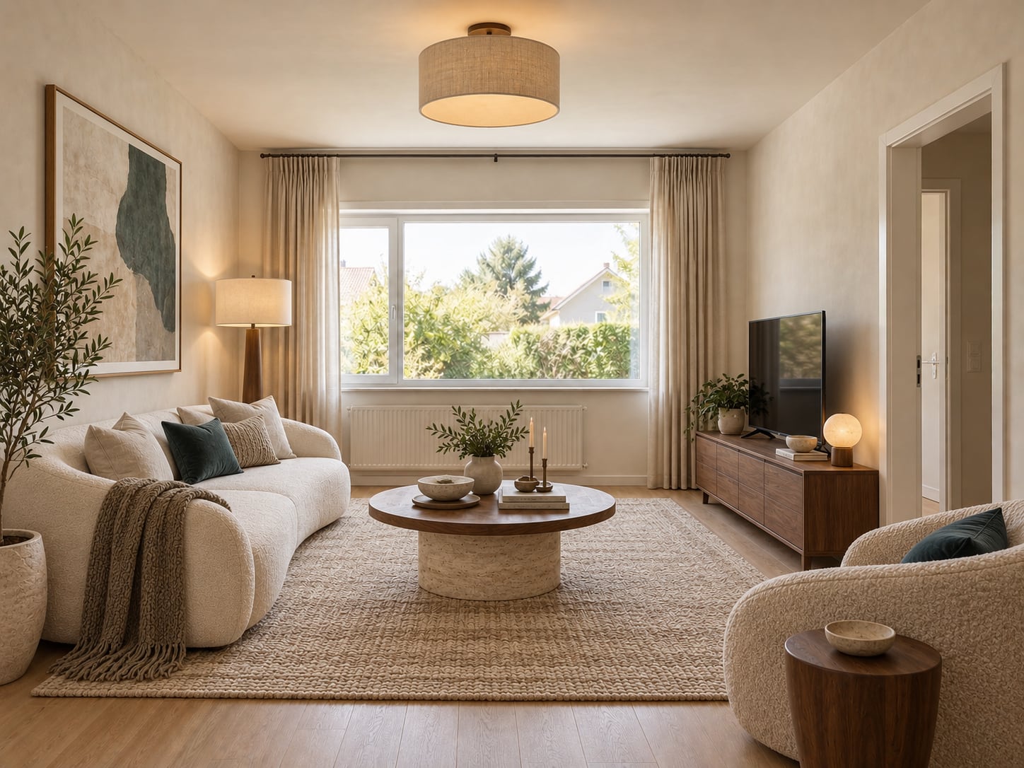 The same living room reimagined by Roomiva with warm, modern furniture, textiles and lighting — the window, radiator, doorway and layout are unchanged