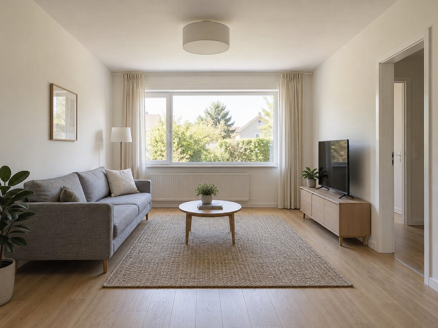 A plain, undecorated living room with bare walls and simple furniture